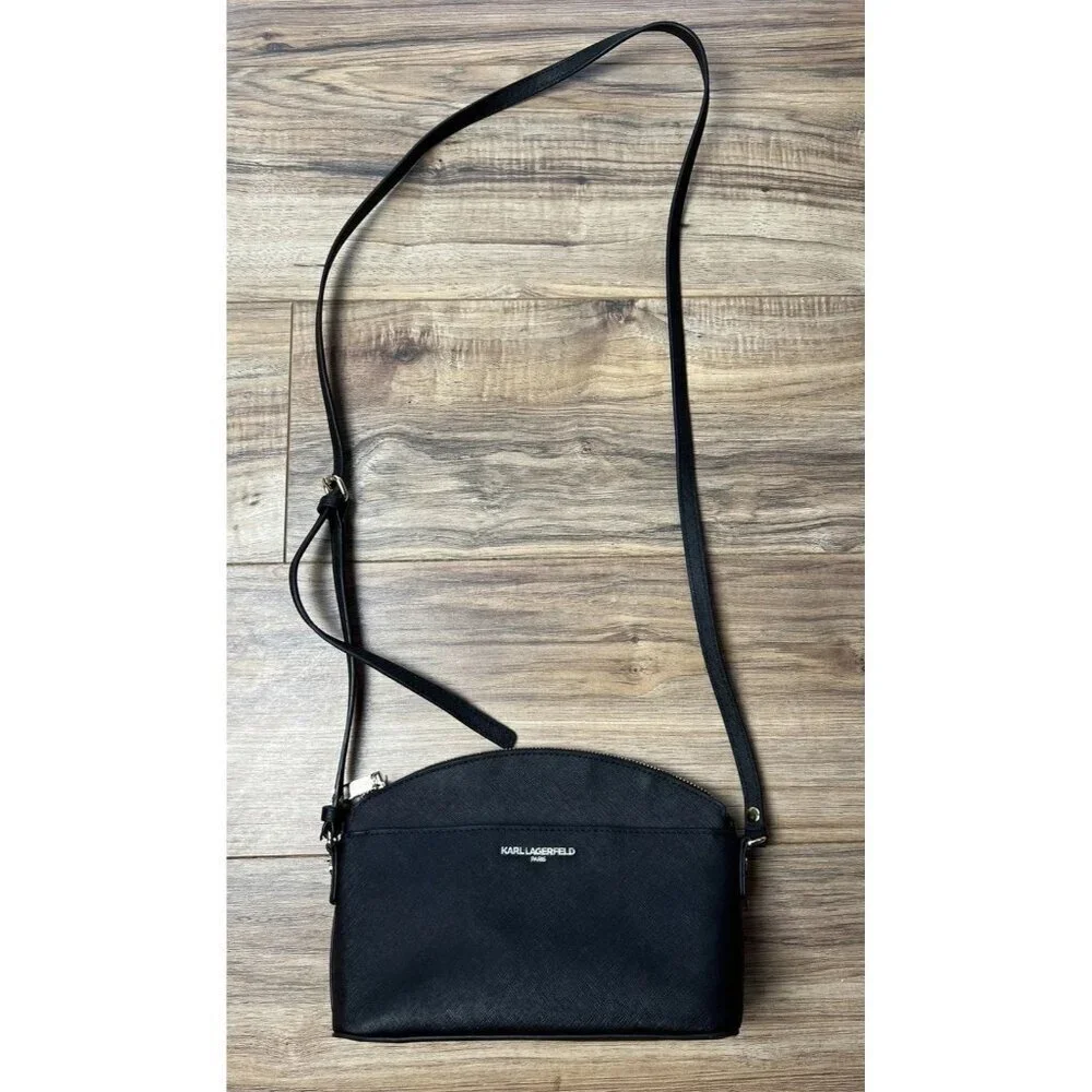 Karl Lagerfeld Black Saffiano Faux Leather Crossbody Sling Camera Bag Women’s